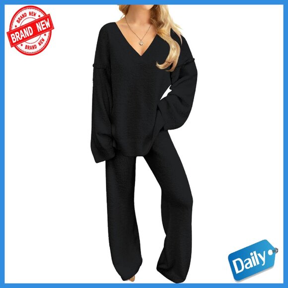 Fuzzy Fleece Lounge Set Long Sleeve V Neck Pajama Pants Cozy